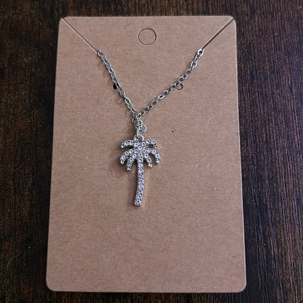Silver Palm Tree Pendant Necklace - Women's Sparkling Necklace